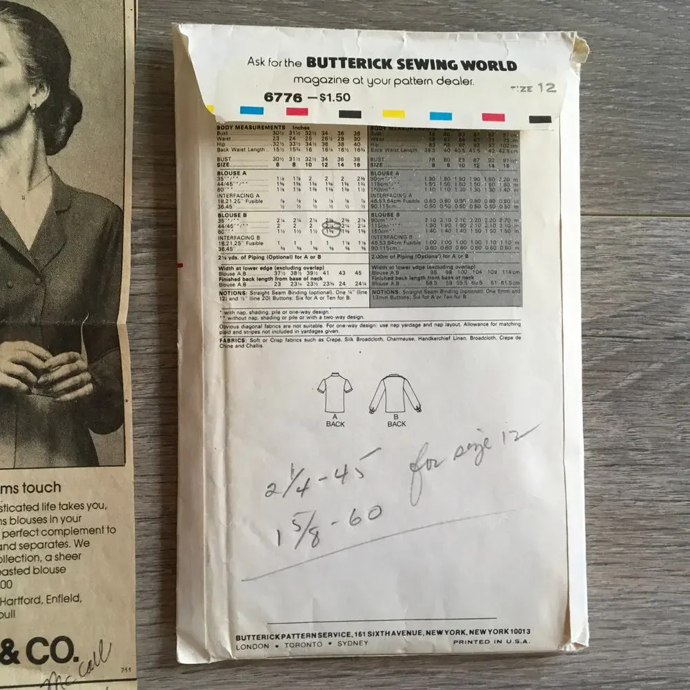 Butterick Sewing Pattern 6776 Double Breasted Loose Fitting Blouse 12/34 CUT